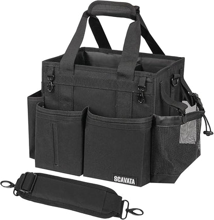 SCAVATA Compact Wearable Cleaning Caddy, Small Supplies Organizer with Handle & Shoulder Straps for Housekeepers, Under Sink & Car Cleaning Tool Organizer Bag (Black)