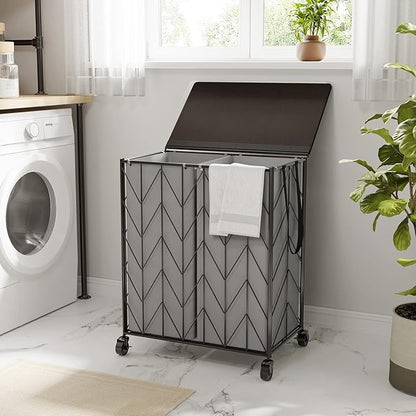 WOWLIVE Laundry Basket with Wheels, Heavy Duty Laundry Hamper with Wood Lid, Clothes Hamper with Divided Removable Liner Bag, Large Capacity Iron-Made Laundry Sorter Laundry Room Organization (Grey)