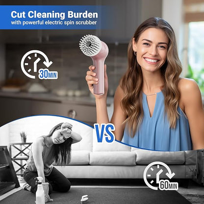 PUFTEM Electric Spin Scrubber, Cordless Shower Scrubber with Battery Level Display, 2 Speeds Electric Scrubber for Cleaning with 6 Replaceable Heads, Cleaning Brush for Bathroom/Sink/Window (Pink)