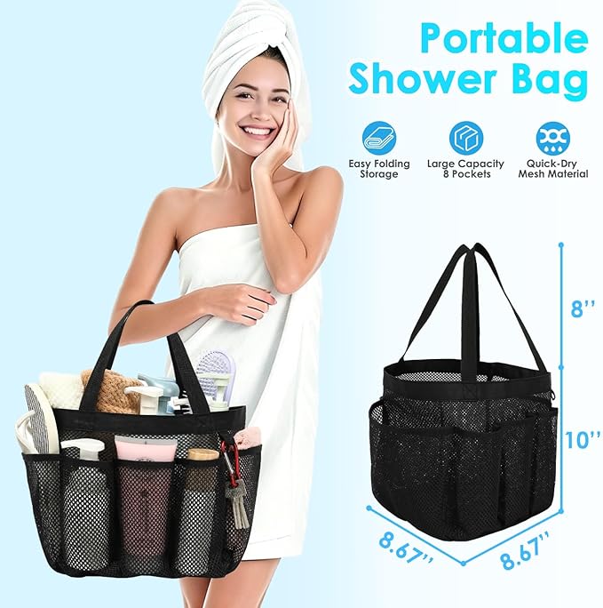 Fammart Mesh Shower Caddy Portable for College Dorm Room Essentials, 8-Pocket Large Shower Basket Tote Bag with 2 Handles for Toiletry, Bathroom, Beach, Camp, Gym