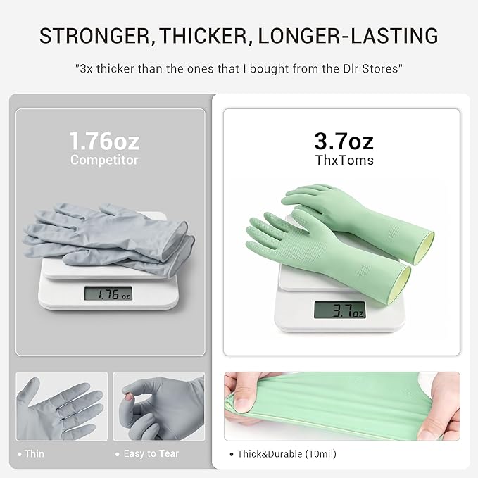 ThxToms 4 Pairs Reusable Natural Latex Dishwashing Gloves, 13" Long, 10 Mil Thick, Non-Slip Rubber Kitchen Cleaning Gloves, Multi-Color, Ideal for Household, Bathroom, Pet Care & Gardening, Medium