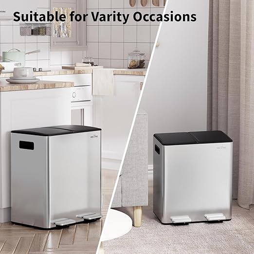 mVm 10.6(2x5.3) Gal Dual Trash Can, Kitchen Trash Can with ABS Lids, 2 Compartment Stainless Steel Recycle Bin for Home Kitchen Office (Silver)