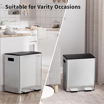 mVm 10.6(2x5.3) Gal Dual Trash Can, Kitchen Trash Can with ABS Lids, 2 Compartment Stainless Steel Recycle Bin for Home Kitchen Office (Silver)