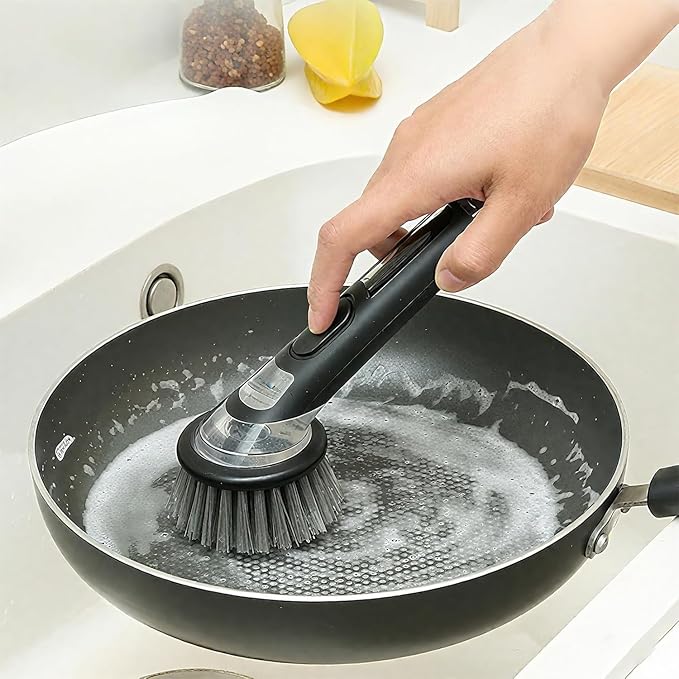 Dish Brush with Soap Dispenser: Kitchen Dish Scrubber, Extended Leak-Proof Handle for Pot Pan Sink Dishes Deep Cleaning