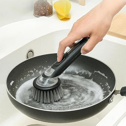 Dish Brush with Soap Dispenser: Kitchen Dish Scrubber, Extended Leak-Proof Handle for Pot Pan Sink Dishes Deep Cleaning