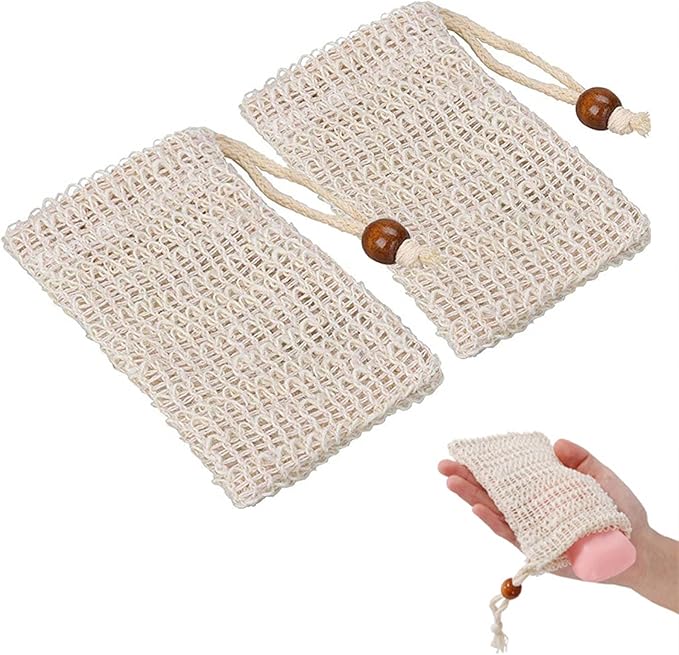 Medsuo 2 PCS Natural Safe and Durable Sisal Fiber Soap Bags, Saver Shampoo Bar Scrubber Pouches for Foaming and Drying Soap Shower Bath Exfoliating