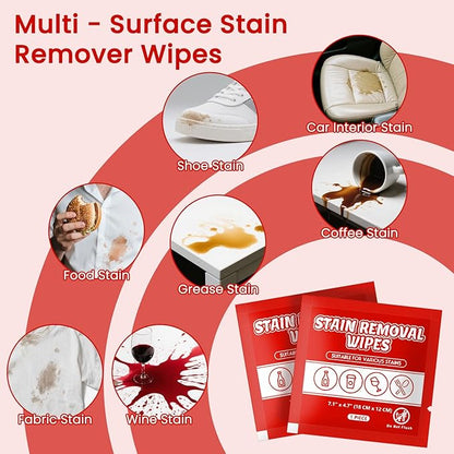 Stain Remover Wet Wipes Bulk, Individual Wrapped Clothes Portable Travel Messy Eater Cleaning Laundry Stain Removal Wipes Pocket Size for Clothing Fabric/Shoes/Wine/Fast Food 7.1 x 4.7 Inch (Red 50)