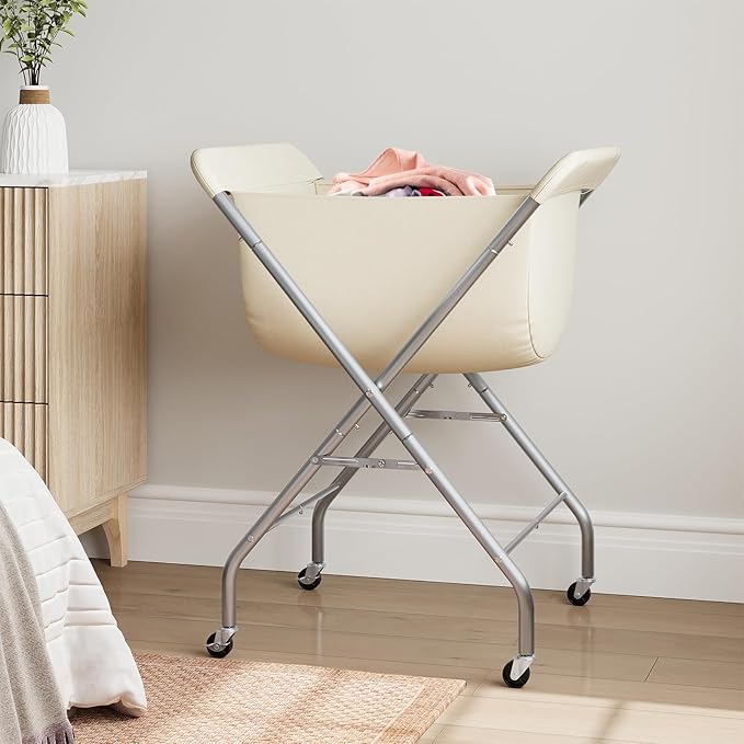 ELYKEN Collapsible Laundry Cart with Wheels, 33”H Rolling Laundry Hamper with Removable Liner Bag, Sturdy Metal Frame Folding Clothes Basket for Small Narrow Space, Bedroom, Dorm, Apartment