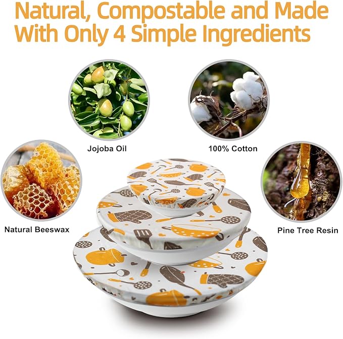4PCS Reusable Beeswax Bowl Covers for Bread Proofing, Washable Sourdough Proofing Covers, Elastic Cotton Dish Domes for Food Storage