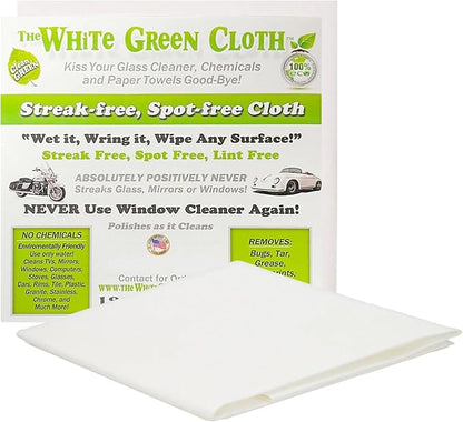 The White Green Cloth 1-Pack Reusable Cleaning Cloth for Streak-Free Windows, Mirrors & All-Purpose Cleaning – Chemical-Free, Absorbent, Non-Abrasive, 16" x 16" White Cleaning Rag, Made in the USA
