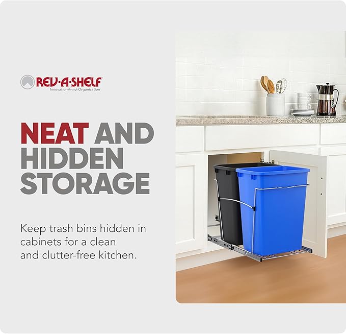 Rev-A-Shelf Double 35 Qt Pullout Trash Can for Base Kitchen Cabinets, Garbage Waste & Recycling Bin System with Full Extension Slides, Min Opening Width of 14.5", Blue/Black, RV-18KD-2218C-S