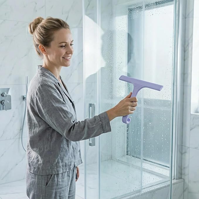Silicone Shower Squeegee - All-in-One Design with Built-in Hook, 10 Inch Streak-Free Bathroom and car Cleaner for Glass Doors, Mirrors, Windows, Tiles Purple