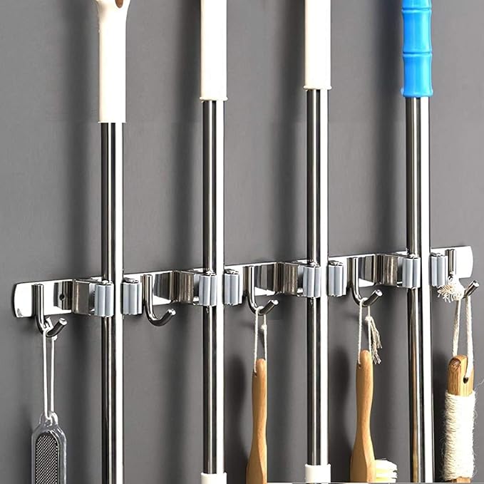 Broom Mop Holder Wall Mount Stainless Steel Tool Hanger Storage Organizer for Home, Kitchen, Garage, Garden, Laundry Room, Bathroom Organization and Storage(4 Racks 5 Hooks)