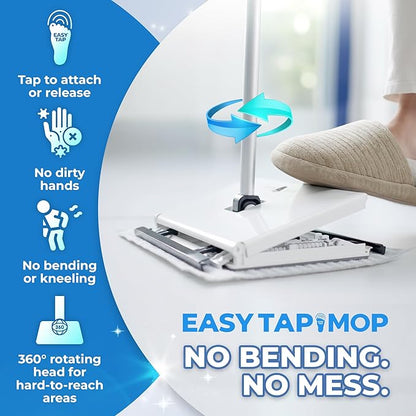 Hands-Free Flat Floor Mop & Sweeper - Foot-Tap Lock System Compatible with Most Pads - 360 Swivel & Adjustable Aluminum Handle - Includes Baking Soda Wet Wipes & 3D Microfiber Cloth