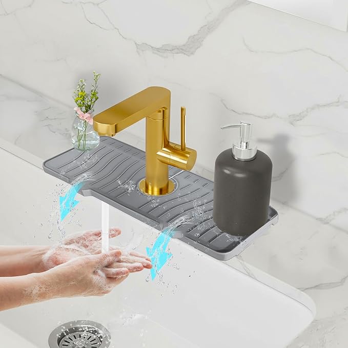 Odrago Silicone Faucet Mat (14"x5.70"x0.59"), Bathroom, Countertop and Kitchen Sink Splash Guard, Anti-Slip Faucet Drip Catcher Tray, 90-Degree Foldable Edge, Sloped Design for Fast Drying, Grey