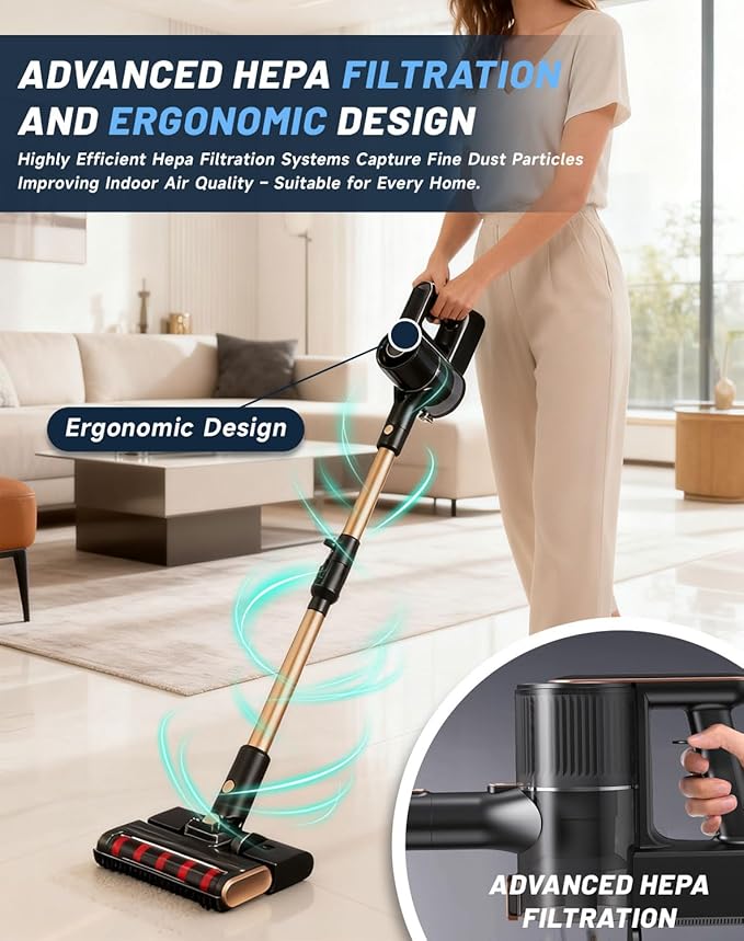 Vacuum, Osmo Provacuum – 15000pa Powerful Suction, 140° Wide-Green Light Dust Reveal, Folding Vacuum Cleaner, Anti-Tangle Roller, LED Display Vacuum & Mop 2-in-1 Whole House Cleaning(Black)