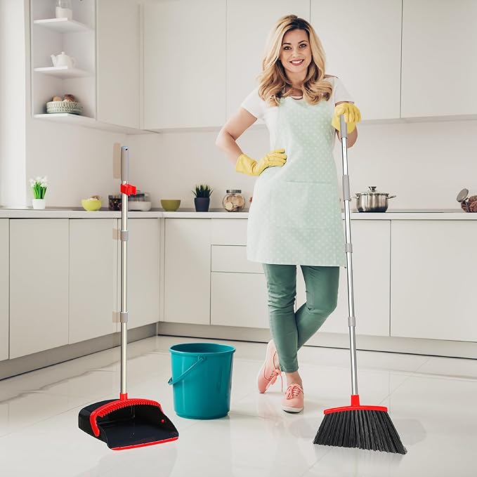 Broom and Dustpan Set 55", Long Adjustable Stainless Steel Handle, Upright, Large Size, Lightweight Broom with Dustpan Combo Set for Home Kitchen Office Lobby Indoor and Outdoor