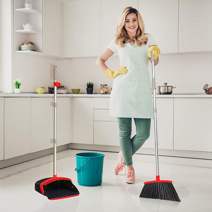 Broom and Dustpan Set 55", Long Adjustable Stainless Steel Handle, Upright, Large Size, Lightweight Broom with Dustpan Combo Set for Home Kitchen Office Lobby Indoor and Outdoor