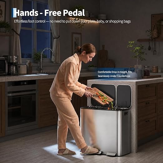 Dual Compartment Trash Can for Kitchen, 50L + 20L (18.5 Gallon) Stainless Steel Recycling Bin, Step Pedal Garbage Can with Soft Close Lid for Large Families, Brushed Silver