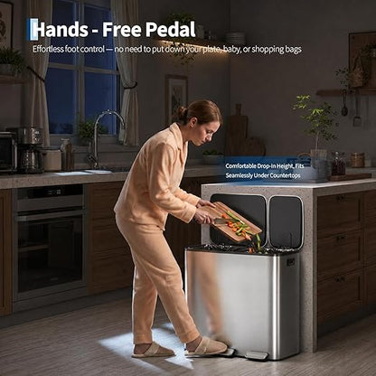 Dual Kitchen Trash Can 13.2 + 5.2 Gal (50+20L) Stainless Steel Trash Cans with Soft-Close Lid Large Double Garbage and Recycling Bin with 2 Removable Inner Buckets Step-on Metal Garbage Cans Silver