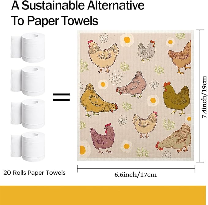 Swedish Dishcloths for Kitchen | 6 Pack Floral Reusable Paper Towels Washable | Swedish Dish Towels | Non-Scratch Cellulose Sponge Cloths | No Odor, Biodegradable Cleaning Cloths, Chicken