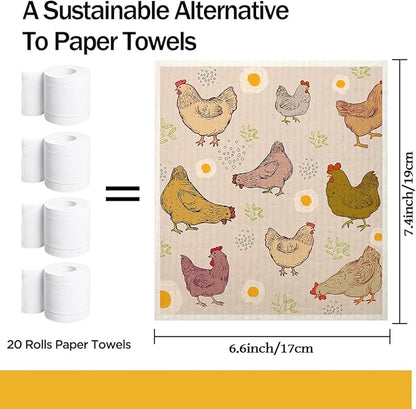 Swedish Dishcloths for Kitchen | 6 Pack Floral Reusable Paper Towels Washable | Swedish Dish Towels | Non-Scratch Cellulose Sponge Cloths | No Odor, Biodegradable Cleaning Cloths, Chicken