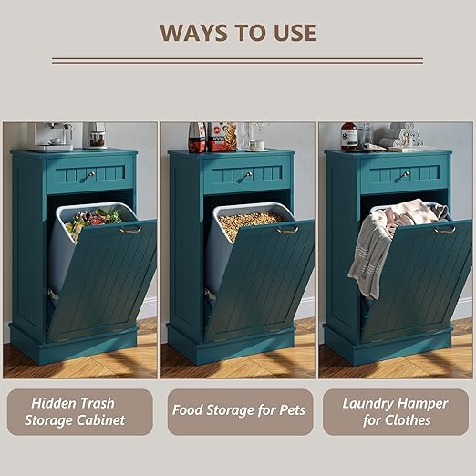 LOUVIXA Tilt Out Trash Can Cabinet, Hidden Trash Cabinet with Drawer, Wooden Dog Proof Trash Can Holder, Tilt Out Laundry Hamper, Garbage Can Holder (Teal-Blue)