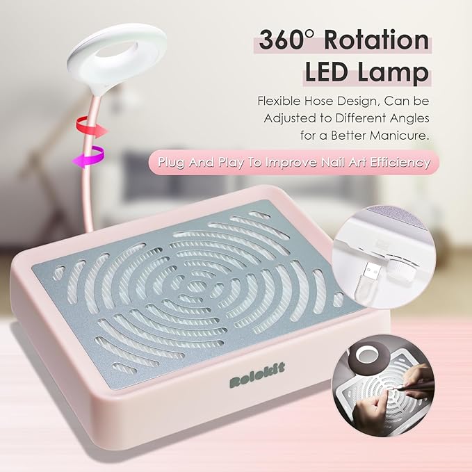 Nail Dust Collector with Lamp&50pcs Disposable Filter&Dusting Brush, Electric Nail Vacuum Cleaner Dust Fan Suction Machine for Manicure Acrylic Gel Nails Polishing, Low Noise,Salon Home