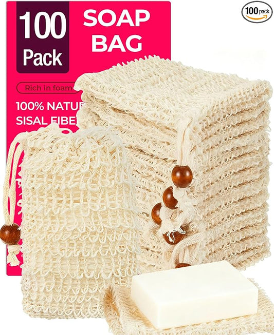 100 Pcs Soap Bags with Drawstring, 5.3'' x 3.7'' Natural Soap Savers for Bar Soap Exfoliating Sisal Mesh Soap Bags for Soap Bars, Scrubbing & Massaging Shower Pouches for Men & Women