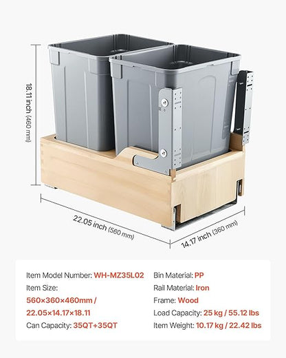 VEVOR Wood Pullout Trash Can for Kitchen Cabinets, 35 QT x2 Double Under Sink Garbage Waste Recycling Bin, Under Mount Waste Container, with Heavy Duty Metal Soft Close Sliding System and Door Kit