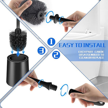 Toilet Brush and Holder 3 Pack with Long Handle - Non-Slip Grip Toilet Bowl Brush Set for Deep Cleaning Bathroom, Toilet Scrubber- Black
