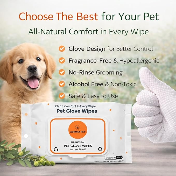 Aurora Pet Glove Wipes for Dogs & Cats, Wearable No-Rinse Grooming Glove Wipes for Paws, Face, Ears & Body, Hypoallergenic Disposable Pet Cleaning Wipes, Unscented, 24 Count