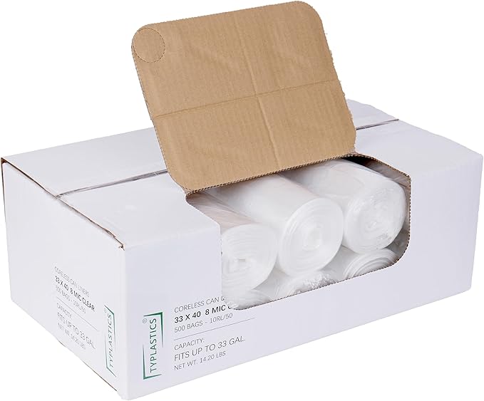 TYPLASTICS 33 Gallon Clear Trash Can Liners - 33" x 40" - High Density Garbage Bags - Case of 500 - Multipurpose for Office, Outdoor, Recycling, Industrial and Commercial