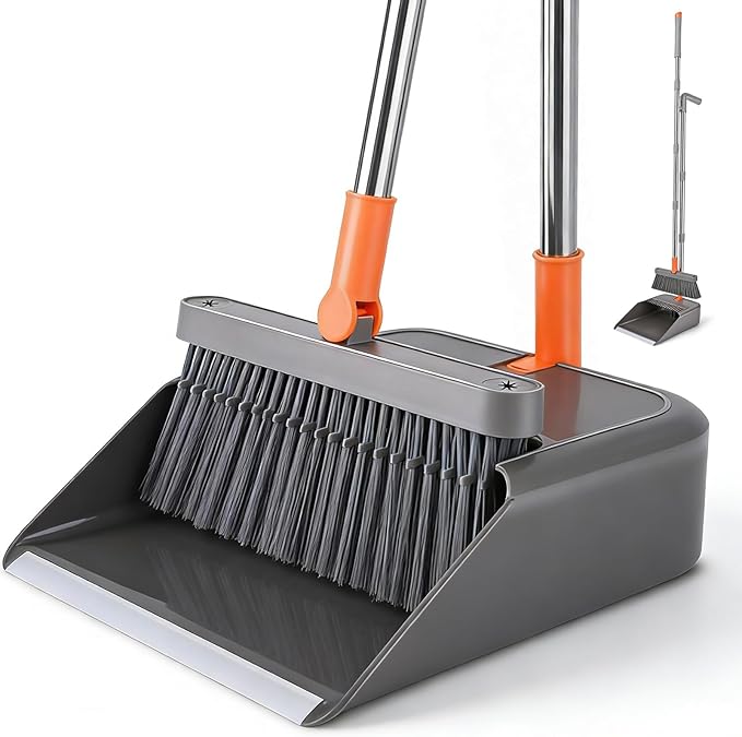 Broom and Dustpan Set, 51 inch Long Adjustable Handle Angle Broom and Dustpan Combo Set with Double Dustpan Teeth to Clean Hair for Home Kitchen Office Lobby Floor Garden, Orange&Grey