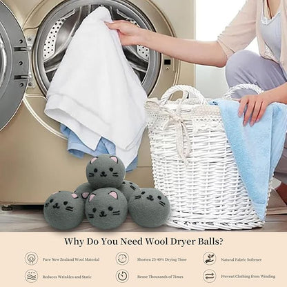 Dryer Balls Laundry Reusable - XL Wool Dryer Balls - Handmade Cute, Extra Large Dryer Balls, Shorten Drying Time, Organic Wool - Dry 1000+ Loads (Gray Cat)