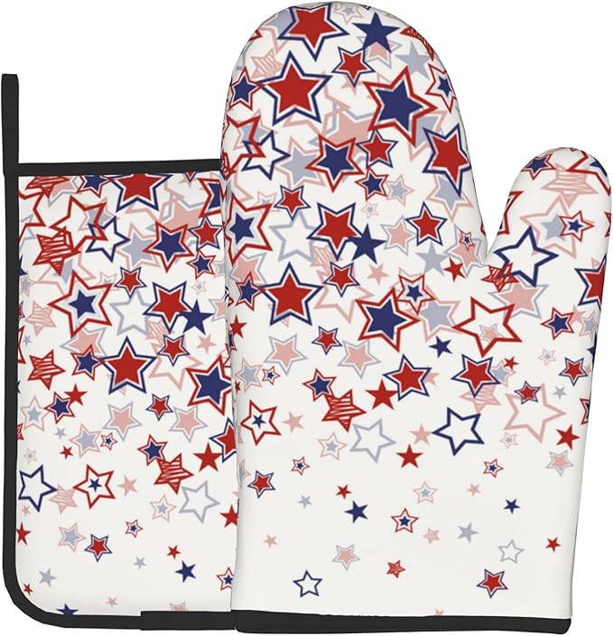 Stars Oven Mitts - Patriotic Kitchen Mitts Pot Holders Red White and Blue Hot Mitts 4th of July Hot Pads Sets of 2 for Cooking Baking Grilling