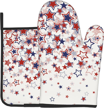 Stars Oven Mitts - Patriotic Kitchen Mitts Pot Holders Red White and Blue Hot Mitts 4th of July Hot Pads Sets of 2 for Cooking Baking Grilling