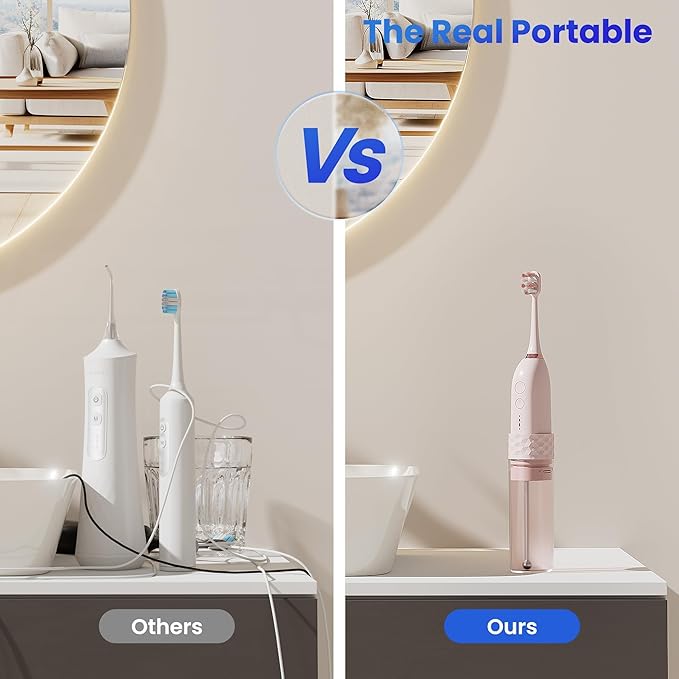 Electric Toothbrush with Water flosser, 2 in 1 Teeth Cleaning Kit, Toothbrush and Water flosser Combo, 25 - Day Battery, Travel Toothbrush with Water Bottle(Pink)