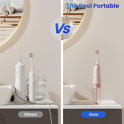 Electric Toothbrush with Water flosser, 2 in 1 Teeth Cleaning Kit, Toothbrush and Water flosser Combo, 25 - Day Battery, Travel Toothbrush with Water Bottle(Pink)