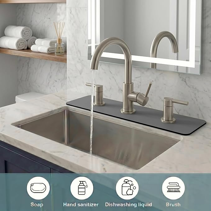 2PCS Faucet Mat for Bathroom Sink 3 Holes: 18’’Lx5.5’’W Splash Guard Fits 8 Inch Widespread Faucet for Vanity & Vintage Bridge Kitchen Faucet - Trimmable Drip Catcher for Irregular Sink, Grey
