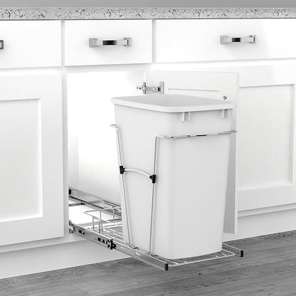 Rev-A-Shelf Single 35 Qt Pullout Trash Can for Base Kitchen Cabinets, Garbage Waste Bin System with Full Extension Slides, Min Opening Width of 11.5", White/Chrome, RV-12KD-11C