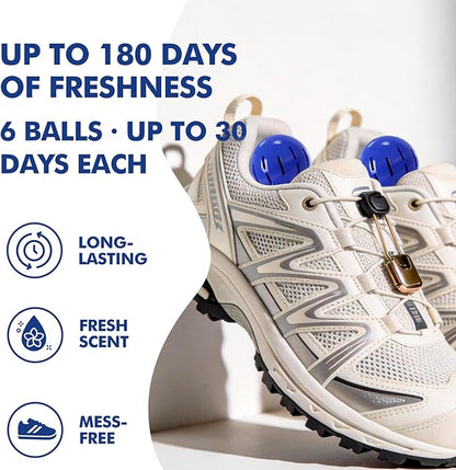 Sneaker Deodorizer Shoe Freshener Balls 6 Pack Fresh Scent, Small Spaces Odor Eliminator for Gym Bags, Cars and Lockers, Long-Lasting Odor Control, No Twist Just Drop In