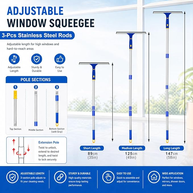 Window Squeegee Cleaner Tool,Window Cleaning Kit with Extension Pole,12" Squeegee and 11" Microfiber Scrubber Combi,Window Washing Equipment for Car, Indoor,Outdoor, High Windows-2 Pads