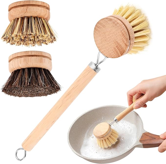 Bamboo Dish Brush Set, 1 Wooden Handle with 3 Natural Bristle Heads All Purpose Kitchen Scrub Brush with Sisal and Palm Horsehair for Cleaning Dishes Pans Vegetables(Color:Wood)