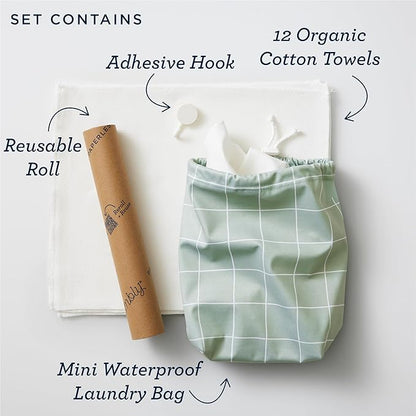 Esembly Paperless Towel Roll - Reusable Kitchen Towels 12-Pack Washable Cotton with Laundry Bag & Hook - Zero-Waste, Absorbent, Washable - Forget-me-not
