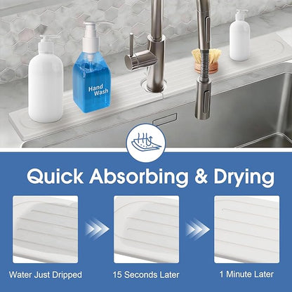 Drying Stone Faucet Mat for Kitchen Sink, 23.9 Inch Long Kitchen Sink Splash Guard Behind Faucet, Stone Drying Tray, Ultra Fast Absorbing Mat Diatomaceous Earth, Pure white