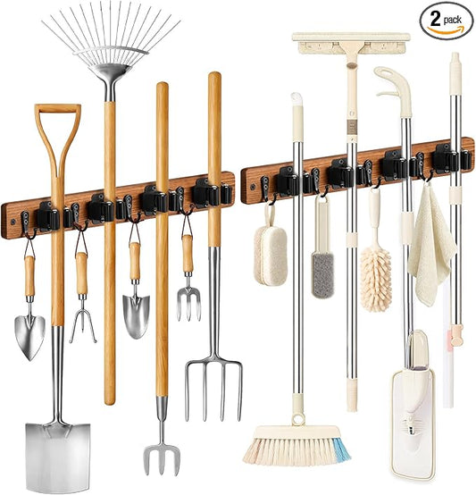 Lorbro 2 Pack Broom Holder Wall Mount, Wooden Broom and Mop Organizer Wall Hanging, Mop Hanger Rack with 4 Slots & 4 Hooks, Tool Organizer for Laundry Room, Closet, Garage, Kitchen