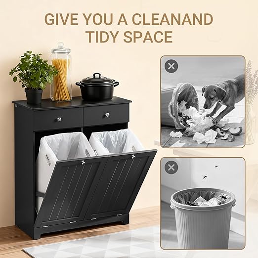 Double Tilt Out Trash Can Cabinet – Hidden Wooden Kitchen Trash Bin Cabinet with 2x10 Gallon Garbage Can, Pet Proof Tilt Out Garbage Holder, Storage Cabinet for Trash in Kitchens, Black, BZR33