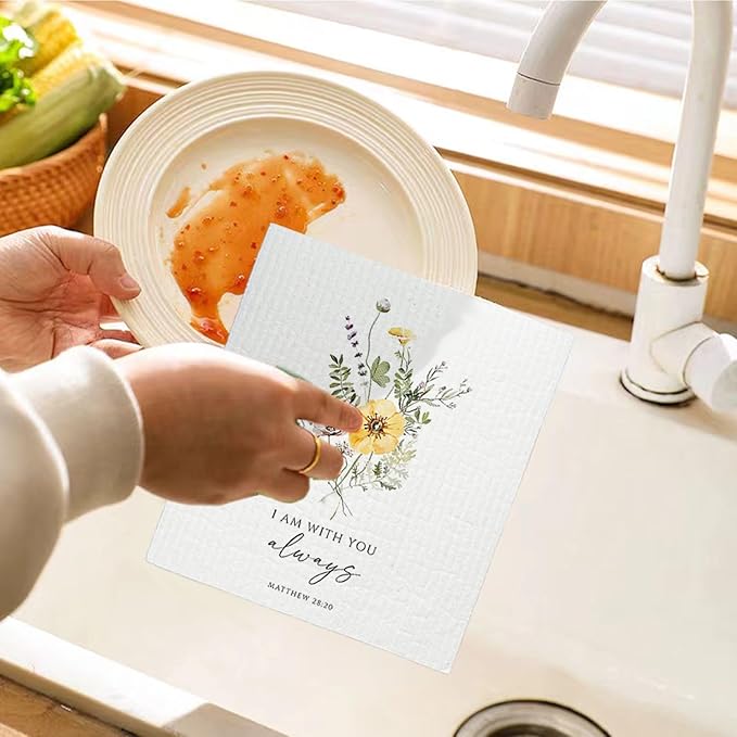 Christian Swedish Dishcloths for Kitchen, Floral Swedish Dish Towels, Scripture Kitchen Towels, Papaya Reusable Paper Towels, 4 Pack Swedish Dish Cloths for Kitchen, Sponge Cloths