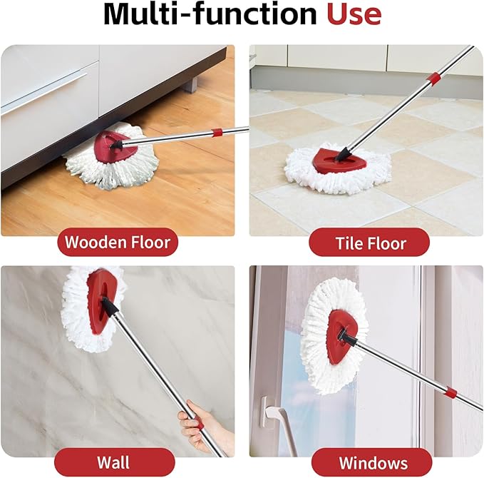 ANREKEYH Spin Mop Replace Head, Base, Handle Compatible with O Cedar EasyWring Microfiber Spin Mop, 2 Mop Refills Replacement Heads, 30-58in Mop Handle and 1 Mop Base Combo Set (White (1-Tank System))